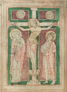 Crucifixion with sun and moon.